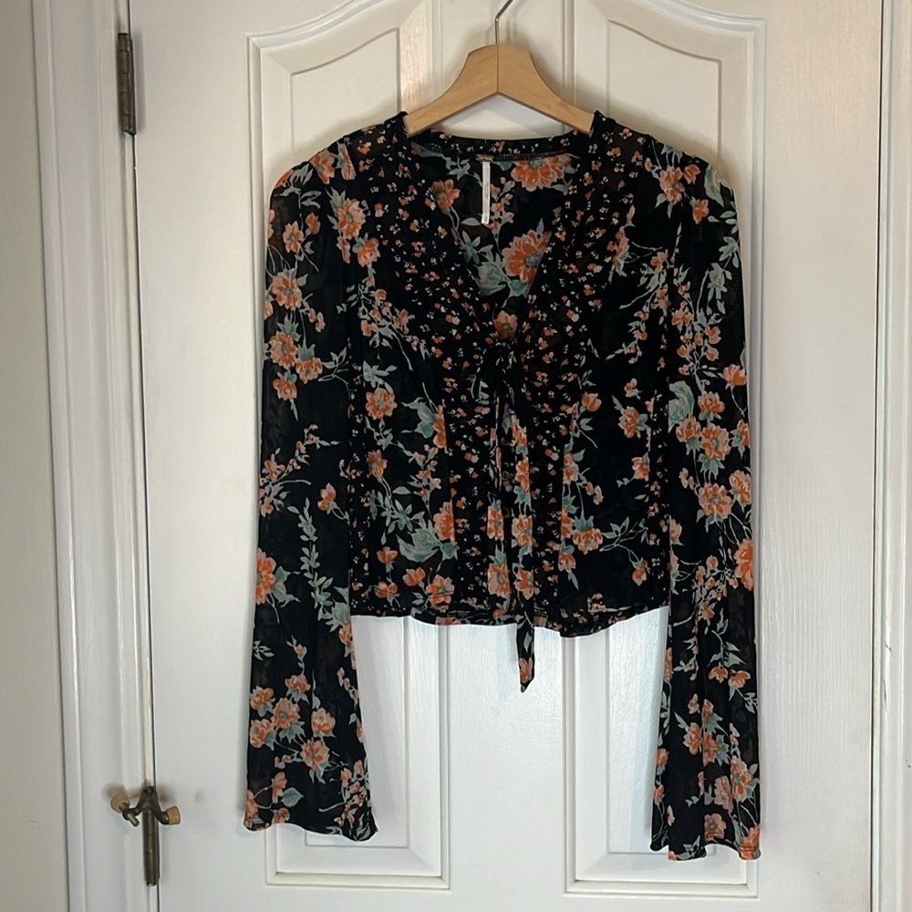Free‎ People | Casablanca Blouse w. Front Ties Black Floral Festival Boho XS - Picture 4 of 11